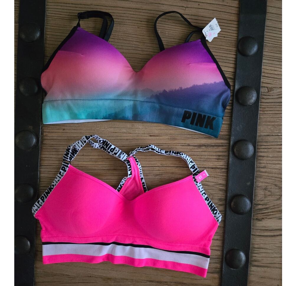 Victoria's Secret PINK Ombre Sports Bra Logo Racerback Sportsbra Bundle sz S New